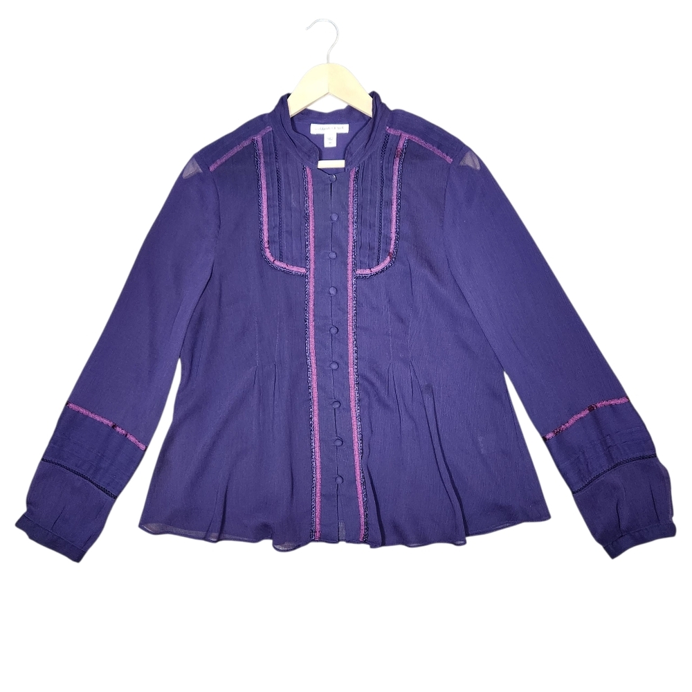 Coldwater Creek Chiffon Boho Romantic Blouse Top Pintuck Preppy Purple Peasant M